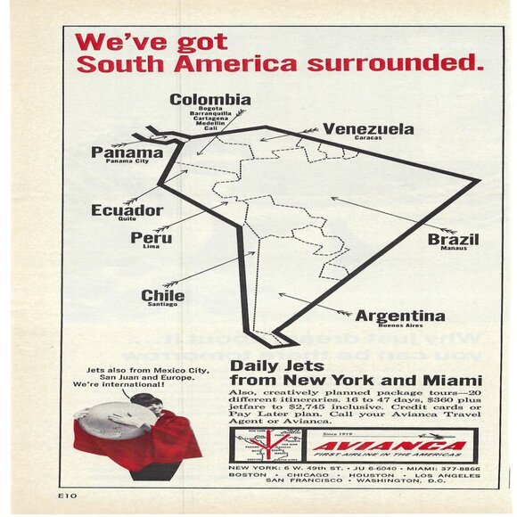 1967 Avianca Airline We’ve Got South America Surrounded Vintage Print Ad/Poster - Picture 1 of 1